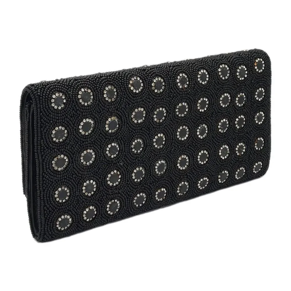 Deepa Gurnani Pattern Handmade Bead/Crystal Evening Bag Clutch Black NEW FLAWS